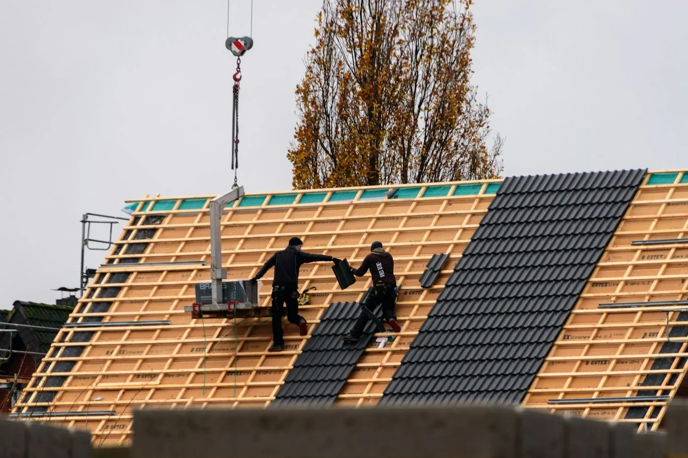 Couvreurs posant une nouvelle couverture lors d'une rénovation de toiture